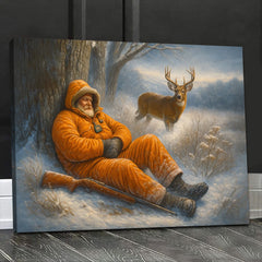 Maxcorners Funny Deer Hunting Canvas Wall Art - Sleeping Hunter Winter Scene - Rustic Lodge and Cabin Decor