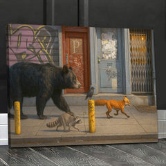 Maxcorners Urban Wildlife Parade Canvas Wall Art, Bear Fox Raccoon Crow Street Scene, Graffiti City Decor