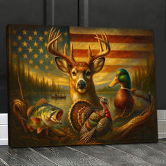 Maxcorners American Flag Hunting Canvas Wall Art – Whitetail Buck, Wild Turkey, Mallard Duck & Largemouth Bass – Patriotic Decor