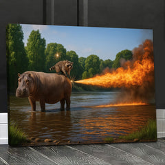 Maxcorners Raccoon Riding Hippo Canvas Wall Art, Fire-Breath Fantasy Animal Poster, Kids Room & Playroom Decor