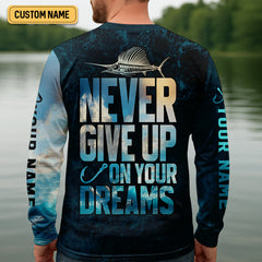 Maxcorners Never Give Up On Your Dreams Funny Skeleton Fishing UPF Shirts, Fishing Gifts For Men, Men's Fishing Shirt