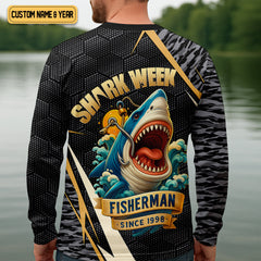 Maxcorners Shark Week Hexagon Pattern Black Fishing Shirt, SPF Shirt For Men, Men's Fishing Shirt
