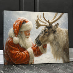 Maxcorners Santa with Reindeer Canvas Wall Art, Tender Snowy Christmas Scene Picture, Nordic Farmhouse Winter Holiday Decor