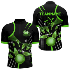 Maxcorners Black and Green Mens Bowling Polo, Quarter Zip Shirts Custom Bowling outfit men Team Jerseys LM1605