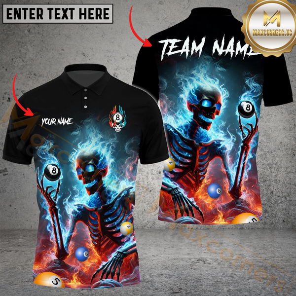 Maxcorners Billiard Pool 8 Ball Flaming Skeleton Personalized Name Men And Women 3D Polo Shirt Custom Billiard Team Jersey (4 Colors)