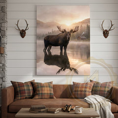 Maxcorners Moose Canvas Misty Lake Reflection Sunrise Canvas Wall Art
