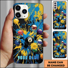 Maxcorners Billiards Blue Yellow Paint Splash 8 Ball Personalized Name Phone Case