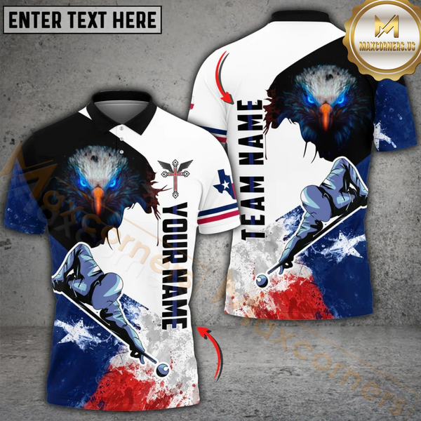 Maxcorners Billiard Bald Eagle USA Flag And Texas Flag Style Personalized Name 3D Shirt