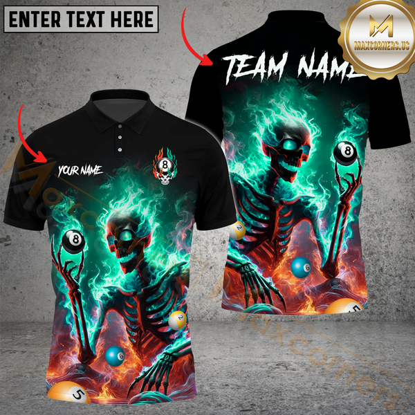 Maxcorners Billiard Pool 8 Ball Flaming Skeleton Personalized Name Men And Women 3D Polo Shirt Custom Billiard Team Jersey (4 Colors)