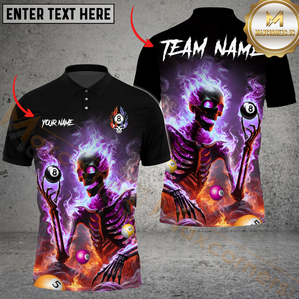 Maxcorners Billiard Pool 8 Ball Flaming Skeleton Personalized Name Men And Women 3D Polo Shirt Custom Billiard Team Jersey (4 Colors)
