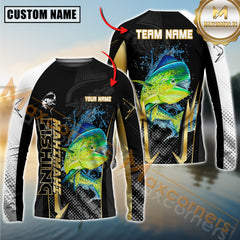 Maxcorners Mahi-Mahi Fishing Black Gold Design Pattern Sport Jersey Personalized Name, Team Name Long Sleeve Shirt