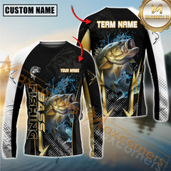 Maxcorners Bass Fishing Black Gold Design Pattern Sport Jersey Personalized Name, Team Name Long Sleeve Shirt
