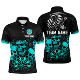 Maxcorners Custom Men's Grim Reaper Dart Shirt – Black Cyan Grunge Dart Jersey Team Polo & Quarter Zip Style LM2404
