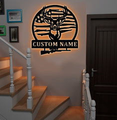 Maxcorners Personalized Deer Hunting Metal Sign WITH LED/WITHOUT LED, Rustic Buck Wall Art with American Flag, Cabin & Lodge Decor for Hunters LM0110