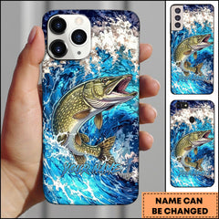 Maxcorners Pike Jumping Out Of Ocean Wave Blue Splash Art Personalized Name Phone Case