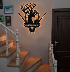 Maxcorners Personalized Deer Hunting Metal Sign WITH LED/WITHOUT LED - Rustic Buck Wall Art with Rifles, Hunter Lodge Decor & Outdoor Cabin Sign LM0110