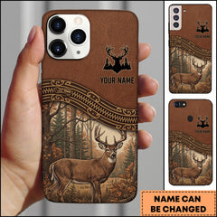 Maxcorners Artist Hunting Deer Zipper Leather Brown Forest Scene Personalized Name Phone Case