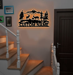 Maxcorners Personalized Deer Family Metal Sign WITH LED/WITHOUT LED - Rustic Cabin Name Sign, Mountain Wildlife Wall Art for Lodge & Outdoor Decor LM0110