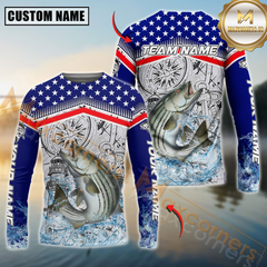 Maxcorners Striped Bass Fishing American Anchor Compass Lighthouse Graphic Custom Name & Team Name 3D Shirts