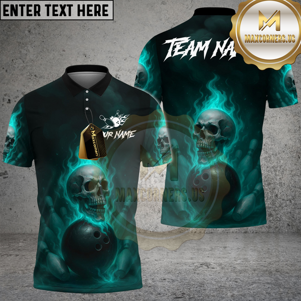 Maxcorners Bowling And Pins Fire Skull Lane Streetwear Customized Name, Team Name 3D Shirt Cyan TU0207