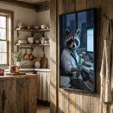 Maxcorners Raccoon Office Worker Holding Beer at Desk Late Night Canvas Wall Art