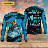 Maxcorners Just A Casual Day With Bigfoot And His Shark Fishing UPF Shirts, Funny Fishing Shirt, Presents For Fishermen