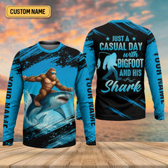 Maxcorners Just A Casual Day With Bigfoot And His Shark Fishing UPF Shirts, Funny Fishing Shirt, Presents For Fishermen