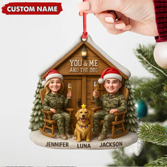 Maxcorners Personalized Hunter Couple Dog Christmas Ornament, Custom Name “You and Me and the Dog” Cabin, Cute Hunting Family Pet Lover Gift