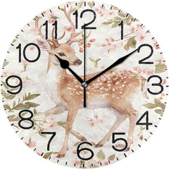 Maxcorners Oil painting, abstract wall clock with flowers and deer, battery operated, non-ticking, silent quartz, analog, rustic, round clock, retro home decor, kitchen TU3012