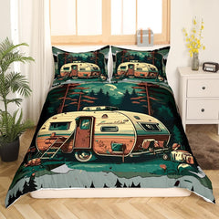Maxcorners Camping Camper Duvet Cover Watercolor RV Outdoor Pine Trees Bedding Set