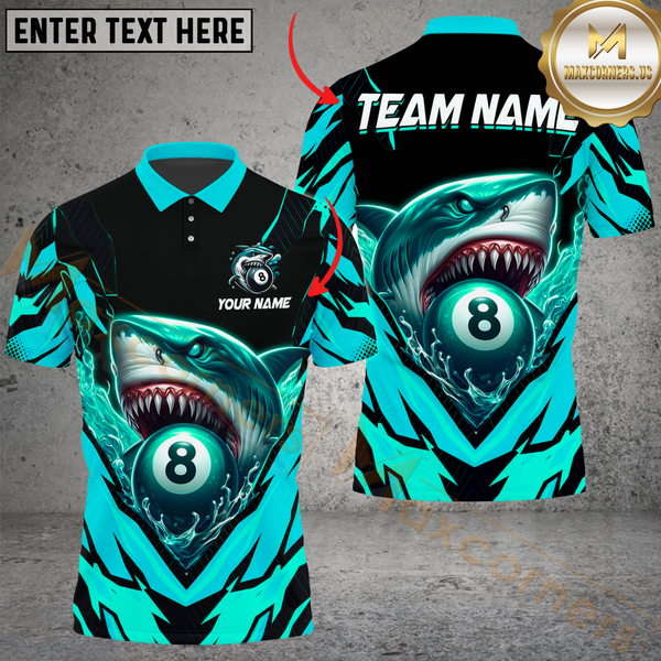 Maxcorners Billiard Pool 8 Ball Shark Attack Personalized Name Men And Women 3D Polo Shirt Custom Billiard Team Jersey (4 Colors)