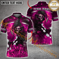 Maxcorners Custom Bowling Team Jersey, Skull Bowling With Flaming Ball and Pins Personalization Name And Team Name
