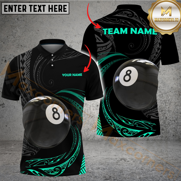 Maxcorners Billiard Pool 8 Ball Tribal Fusion Personalized Name Men And Women 3D Polo Shirt Custom Billiard Team Jersey (4 Colors)