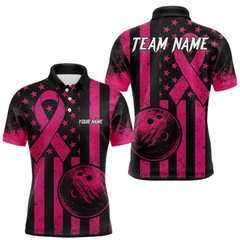 Maxcorners Black and Pink ribbon American Flag Bowling Shirts For Men Custom Breast Cancer team bowling shirts LM064
