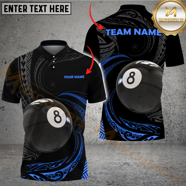 Maxcorners Billiard Pool 8 Ball Tribal Fusion Personalized Name Men And Women 3D Polo Shirt Custom Billiard Team Jersey (4 Colors)
