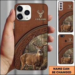 Maxcorners Artist Hunting Deer Zipper Leather Brown Forest Ornate Pattern Personalized Name Phone Case