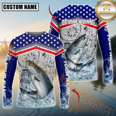 Maxcorners Salmon Fishing American Anchor Compass Lighthouse Graphic Custom Name & Team Name 3D Shirts