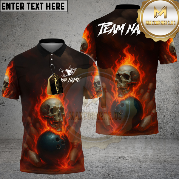 Maxcorners Bowling And Pins Fire Skull Lane Streetwear Customized Name, Team Name 3D Shirt Red TU0207
