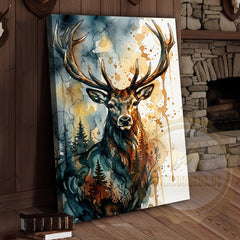 Maxcorners Abstract Deer Canvas Print - Teal and Orange Forest Silhouette