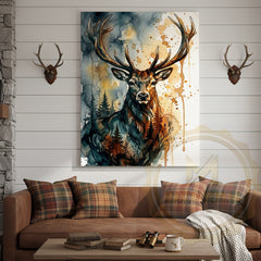 Maxcorners Abstract Deer Canvas Print - Teal and Orange Forest Silhouette