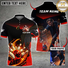 Maxcorners Bowling Blue Strike Pins & Ball Splash Multicolor Customized Name, Team Name And Photo 3D Shirt