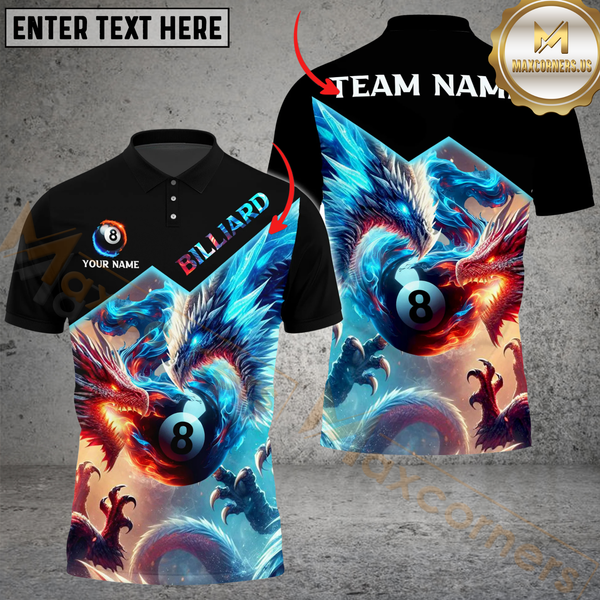 Maxcorners Billiards Dual Dragon Fire Ice Personalized Name, Team Name 3D Unisex Shirt