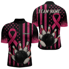 Maxcorners Black and Pink ribbon American Flag Breast Cancer Bowling Shirts For Men Custom Bowling Team Jerseys LM064