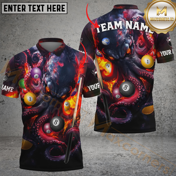 Maxcorners Billiards Kraken Tentacles Fireball Personalized Name, Team Name 3D Unisex Shirt