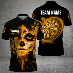 Maxcorners Darts Sugar Skull Art Flame Customized Name, Team Name 3D Polo Shirt