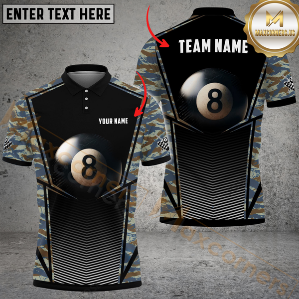 Maxcorners Billiard Pool 8 Ball Camo Personalized Name Men And Women 3D Polo Shirt Custom Billiard Team Jersey (4 Colors)