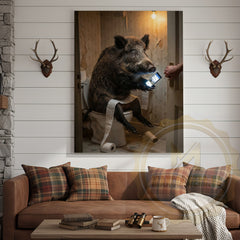 Maxcorners Wild Boar Canvas Wooden Bathroom Reading Newspaper Canvas Wall Art