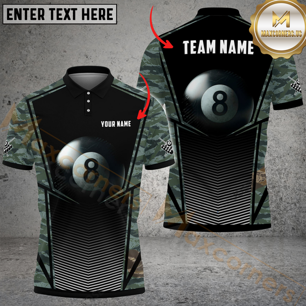 Maxcorners Billiard Pool 8 Ball Camo Personalized Name Men And Women 3D Polo Shirt Custom Billiard Team Jersey (4 Colors)