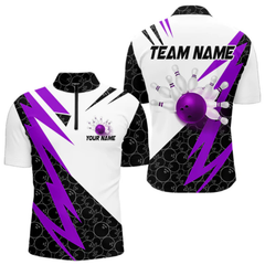 Maxcorners Black and White Bowling Polo, Quarter Zip Shirt for Men Custom Lightning Team bowling jersey | Purple LM2404