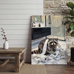 Maxcorners Funny Raccoon Bathroom Mess with Toilet Paper Canvas Wall Art